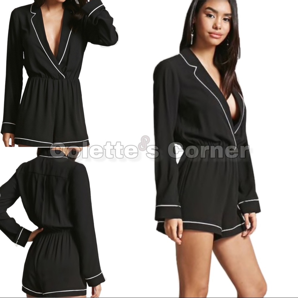 Forever 21 Black & White Menswear Pajamas Inspired Romper. Faux Wrap Jumpsuit